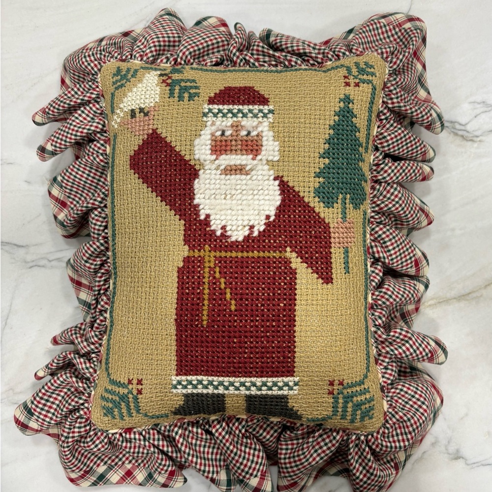 Festive Santa Holiday Pillow with Ruffled Edges